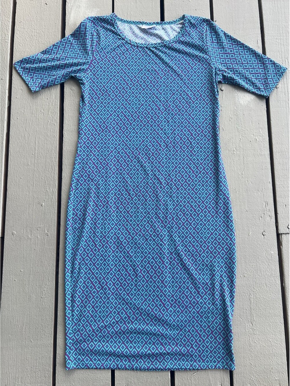 LuLaRoe Julia Dress Blue Purple Teal Geometric Print Size S Stretch USA Made.